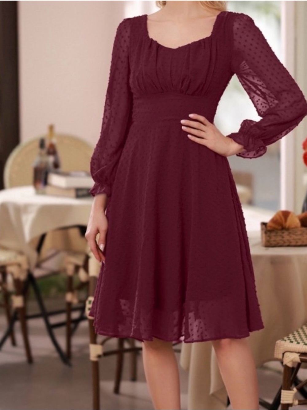 Belle Pogue Burgundy Swiss Dot Dress – Size Small - Picture 8 of 8